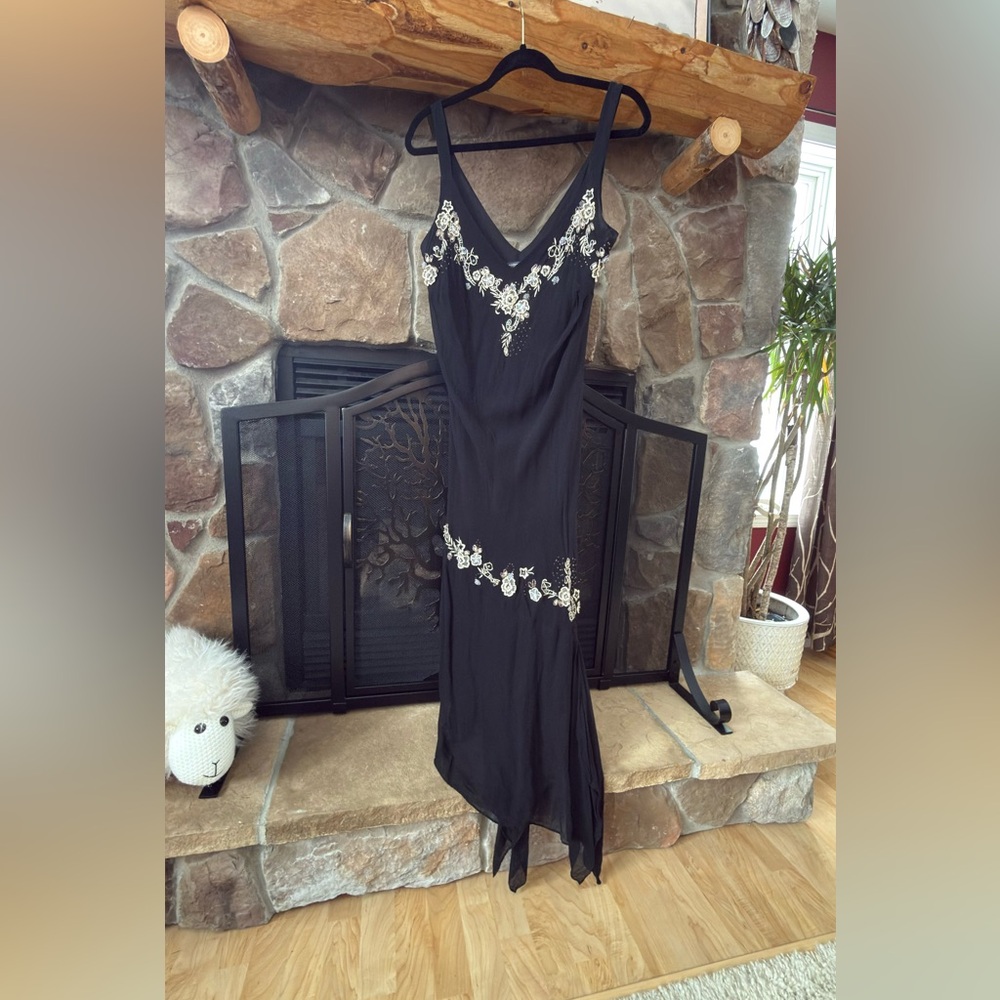 dressbarn Black Maxi Dress with White Floral Embroidery
